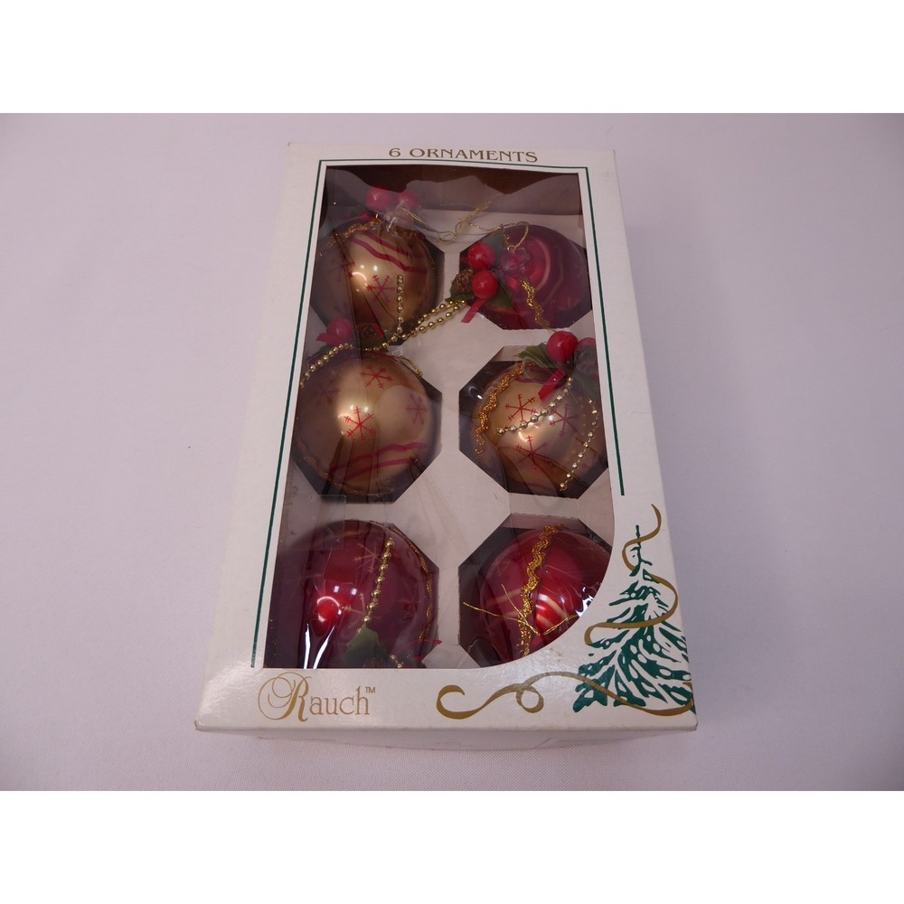 Vintage Lot of 6 Red and Gold Round Rauch Christmas Ornaments with Box